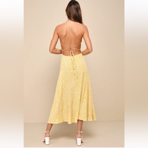 Lulu’s Charming Dedication Yellow Floral Sleeveless Lace-Up Midi Dress - Picture 2 of 15